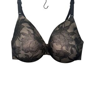 Cacique Lightly Lined Balconette Bra Tan Black Lace Overlay Underwire 46DDD